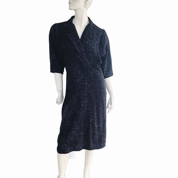 1980s Wool Dress, Size Medium, ELL-JAY Juniors Canada, V-Neck Black Winter Dress - Picture 3 of 11